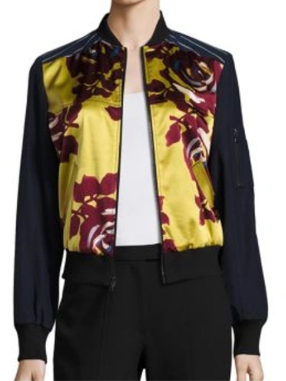 cinq a sept Chartreuse & Navy Floral Silk Bomber Jacket